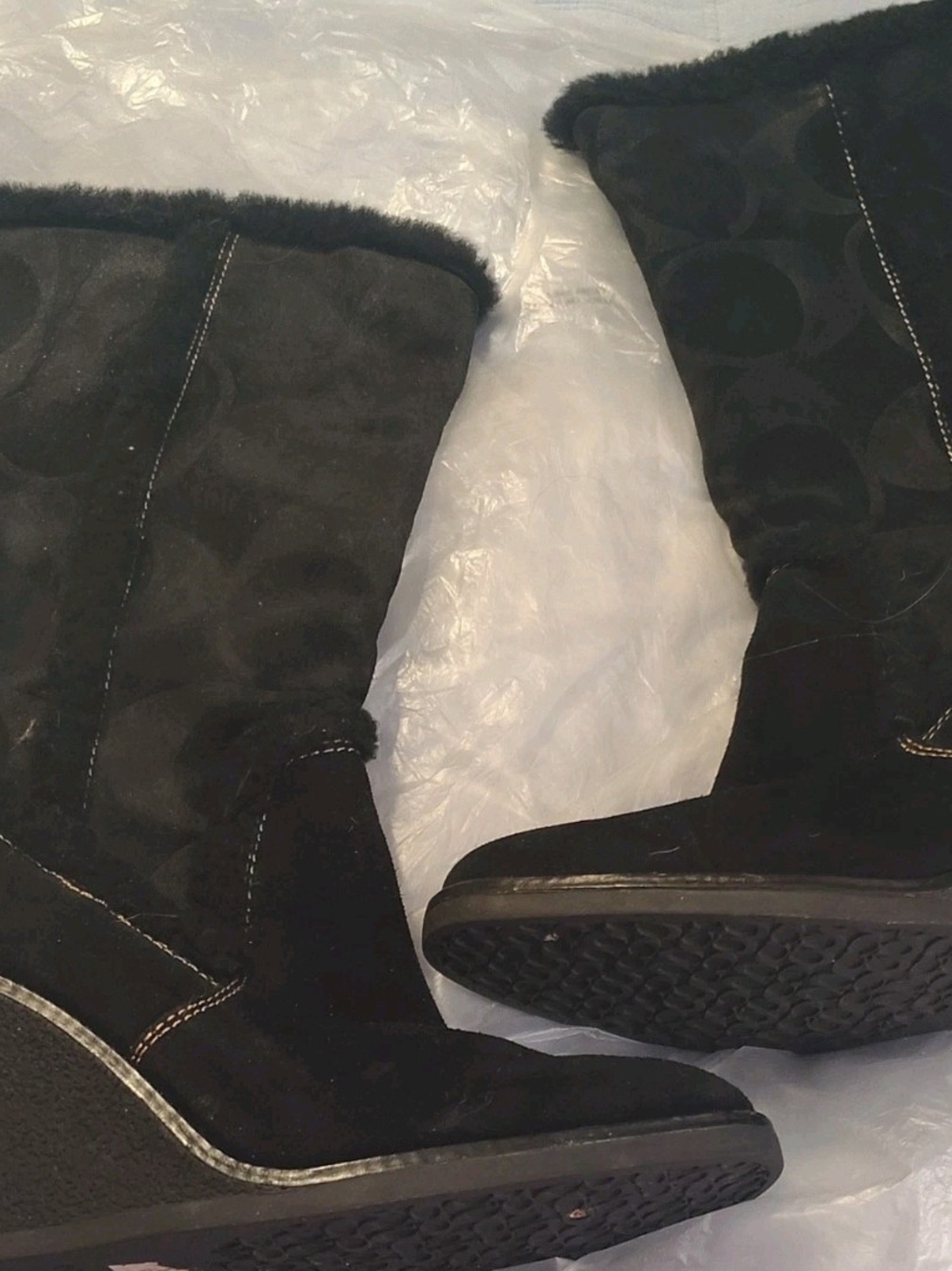 Coach Black Suede Signature Mid-Calf Wedge Boots